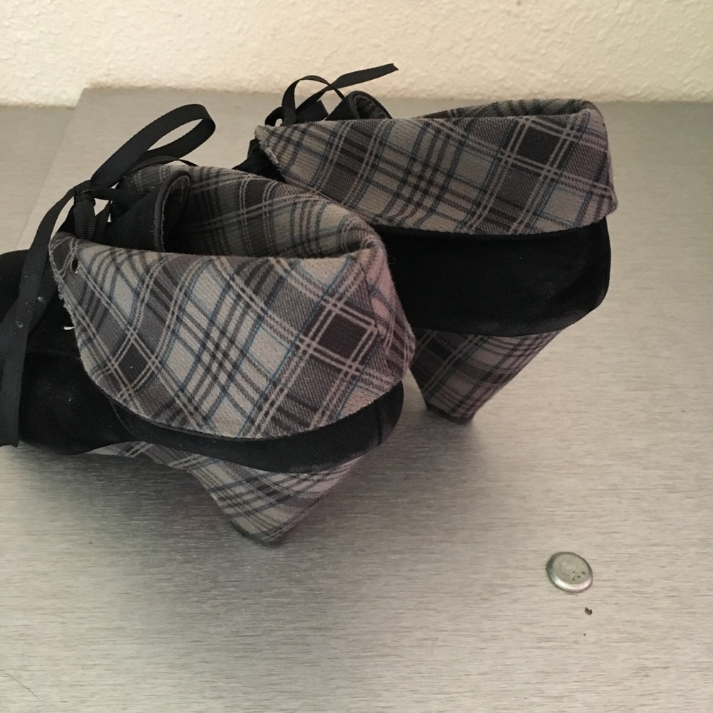 Plaid Suede Lace-Up Ankle Booties | Black & Gray Wedge Heels | Mengziniao - Picture 4 of 4